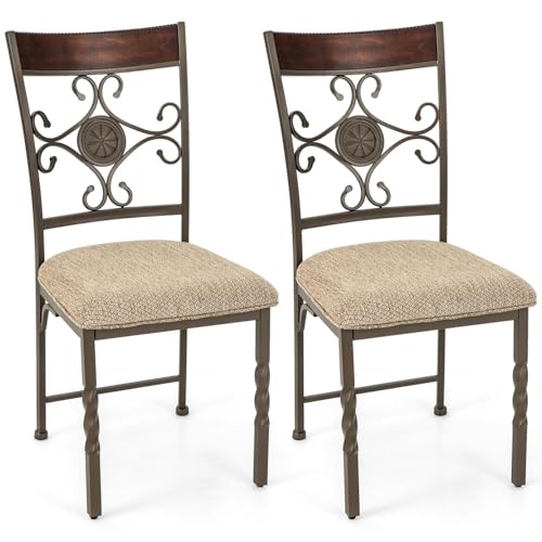 Giantex Upholstered Dining Chair Set of 2, Vintage Metal Dining Chairs with Soft Padded Seat Cushion, Retro High Backrest, Armless Kitchen Chair for Dining Room, Restaurant, Brown