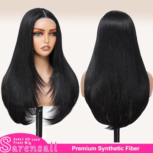 Sarensall Black Wigs for Women Glueless Lace Hairline Long Straight Layered Wigs Synthetic Wig for Daily Party Use 26 Inch — view 2