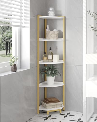 Hzuaneri Corner Shelf Stand, Corner Bookshelf, Storage Standing Shelf Unit with Metal Frame, Plant Stand, Bookcase for Living Room, Home Office, Bedroom, 5-Tier White Gold CS05903A - Thumbnail 5