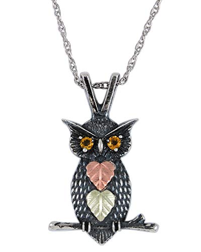 Antiqued Sterling Silver Citrine Owl Pendant Necklace, 12k Green and Rose Gold Black Hills Gold
