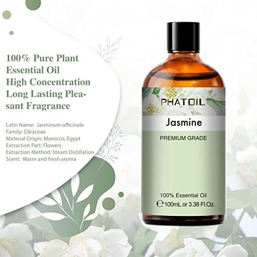Phatoil 3.38Fl.oz Jasmine Essential Oil With Glass Dropper, For Aromatherapy Diffusers, Humidifiers, Skin Care, Massage, Great For Diy Candle And Soap Making, Huge 100Ml Bottle #TOP1