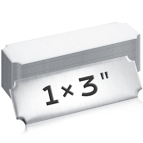 Therwen 30 Pcs Name Plates Laser Engraved Brushed Stainless Steel Plate Personalized Plaque Blank Custom Name Tag Frame Label with Adhesive Backing(Silver,1''x 3'',Notched Corner)