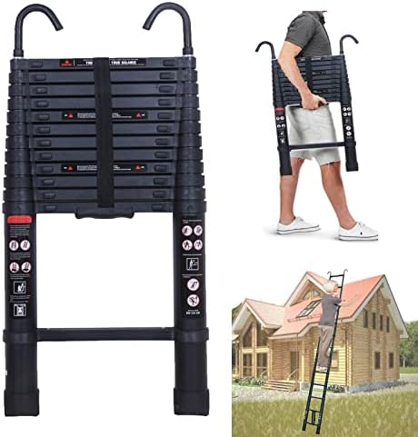 12FT Telescoping Ladder Aluminum Telescopic Extension Ladder with 2 Detachable Hooks, 2.8″ Roof Hooks, Collapsible Ladder Fully Extended 150″, Multi-Purpose Ladders for Home, 330 Lb Capacity, EN131