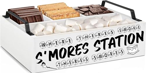 DEALZOOM Smores Station (White Mini 11x7x3) - Wooden Smores Caddy Holder with Handles - S'Mores Serving Tray for Kitchen - Smores Maker Box for Smores Kit Camping Decor - Smores Accessories Organizer