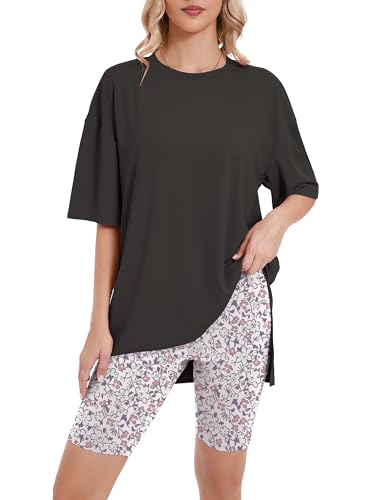 Heymoments Two Piece Summer Sets for Women Lounge Print Floral Small Oversized T-Shirt and Biker Shorts Pajama Set Soft Pajamas Set Breathable Sleepwear Comfy Nightwear Womens Pjs Set