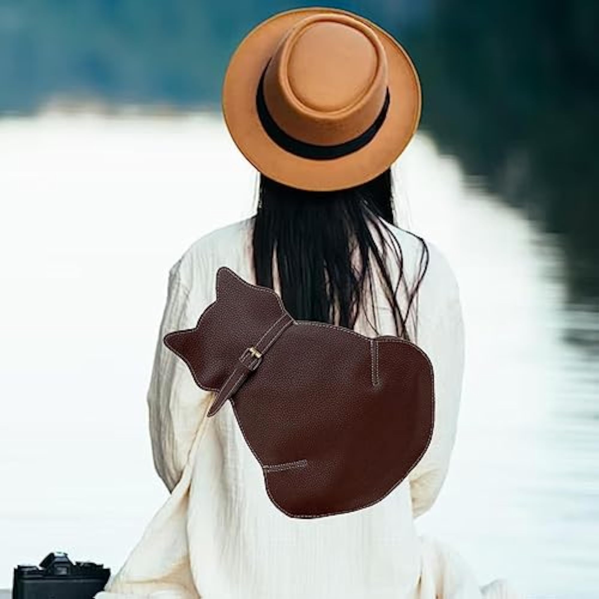 Cute Cat Shape Sling Backpack for Gym and Travel, Coffee Colour