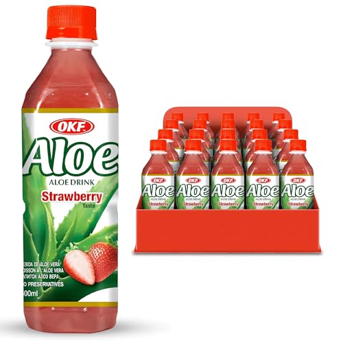 OKF Aloe Vera Drink Juice with Pure Aloe Pulp, Variety, 16.9 oz. (Strawberry, Pack of 20), Plant Based Drink, Korean drinks