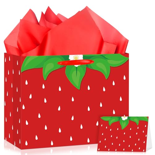Yoirrat Strawberry Gift Bag Sweet Birthday Decorations Red Gift Wrapping Bag with Tissue Paper and Greeting Card for Strawberry Theme Baby Girl Baby Shower Birthday Party Supplies