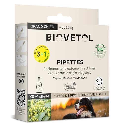 BIOVETOL - Pipettes Anti Puces, Anti-Tiques et Anti moustiques -Bio Certifié Ecocert - Repousse...