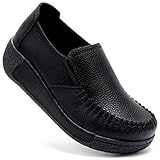 Women's Penny Loafers Slip On Platform Chunky Shoes Ladies Genuine Leather Memory Foam Non-Slip Comfort Casual Dress Shoes Black US 9