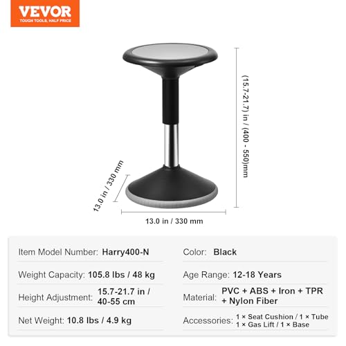 Image of VEVOR Wobble Chair, Height-Adjustable (15.7-21.7 inch) Active Chair, Flexible Seating Wobble Stool Made of PVC+ABS Improves Focus & Posture, Ideal for Schools, Office and Home, Age 12-18, Black