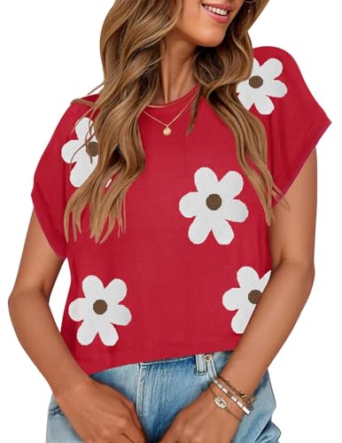 Image of ZESICA Women's Summer Trendy Knit Top 2026 Floral Print Short Sleeve Crewneck Loose Fit Sweater Vest Going Out Clothes