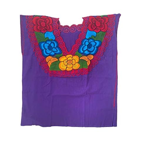 Floral Mexican Blouse - Authentic Embroidered Chiapas Blouse - 100% Handmade - Purple with Colorful Flowers - Morada - Purple - Small/Medium Cover