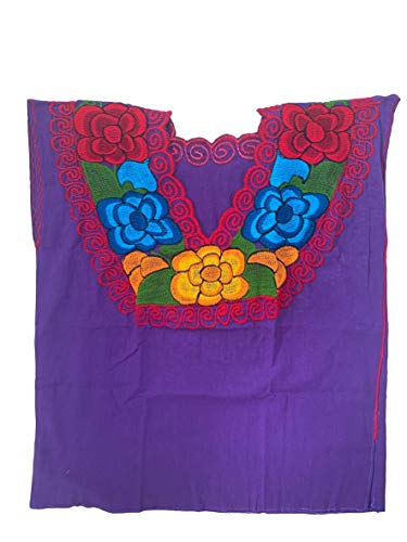 Floral Mexican Blouse - Authentic Embroidered Chiapas Blouse - 100% Handmade - Purple with Colorful Flowers - Morada (Large)