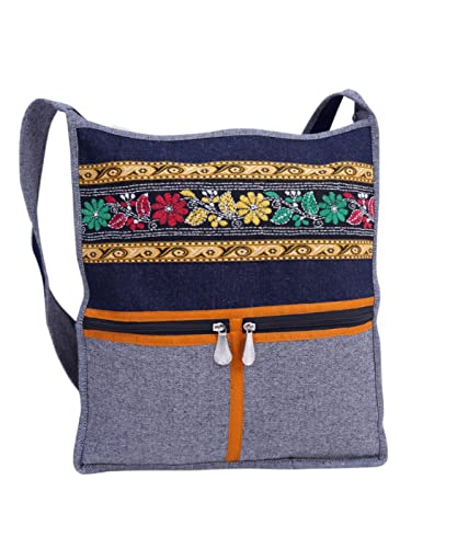DIVAS SPIRITUAL Handbestickte Umhängetasche für Damen, elegante Hobo-Tasche aus Segeltuch, Größe 39 x 34 cm, mit Griff 93 cm, multi, 39cm X 34cm with Handle 93cm