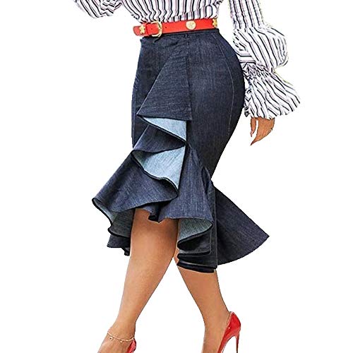 VERWIN Mermaid Plain Falbala Mid-Calf High Waist Women's Skirt