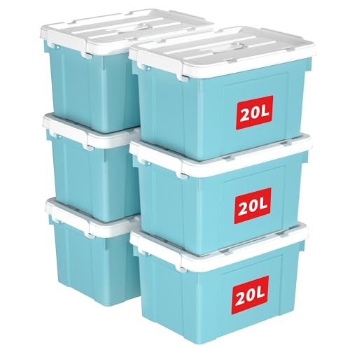 Cetomo 20L*6 Aufbewahrungsboxen, Tragbare Plastikboxen mit Deckeln, Organizer-Behälter mit Griff und Clips, Stapelbar, Ineinander Nestbar, für Zuhause und Büro, Blau, 20L-6er Pack