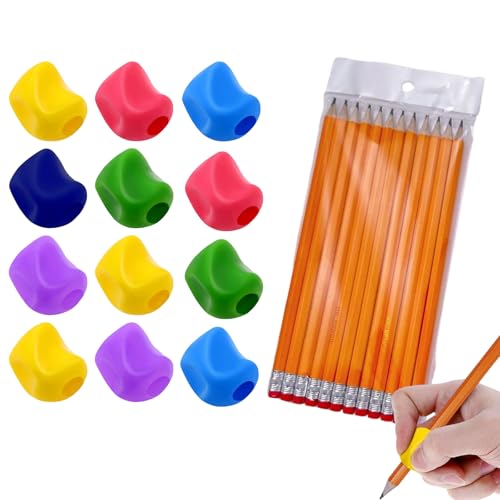 LZPLJLWS Guide Doigts Écriture Enfant 12 Pièces + 12 Crayons, Aide à la Prise en Main, Apprentissage de l’Écriture, Multicolore, pour Droitier et Gaucher, Souple et Confortable