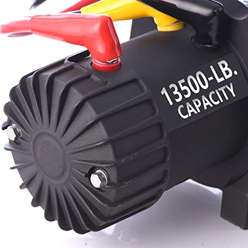 RUGCEL 13500lb Waterproof Electric Synthetic Rope Winch with Hawse Fairlead, Wired Handle and 2 Wireless Remote