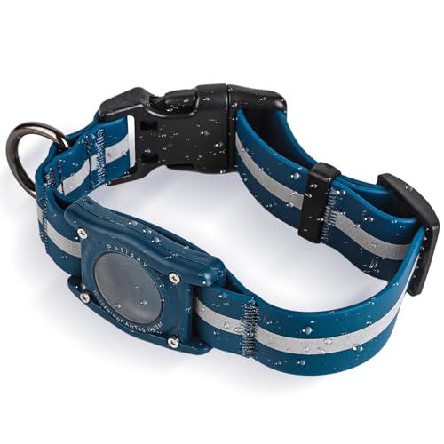PetIsay Wasserdichtes Hundehalsband mit integriertem AirTag-Halter, IP68-bewertet, reflektierend, verstellbar, Biothane-Halsband für kleine, mittelgroße und große Hunde (Blau, L)