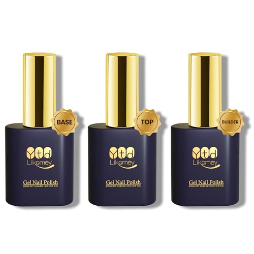 YTD Likomey 15ml Base y Top Coat Gel Constructor 3pcs Kit,Esmalte Semipermanente de Uñas en UV LED, Transparente No Wipe Capa Superior y de base Builder Gel Esmaltes de Uñas