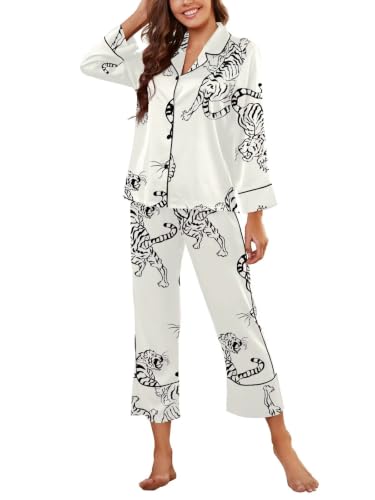 Image of Brosloth Women's Silk Satin Pajamas Long Sleeve Button Up Loungewear Set | Button Down Animal Print Pajamas, Ladies Fancy Pajama sets, Two Piece Lounge Set, Notch Collar Lightweight Sleepwear, Gift