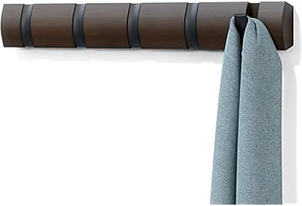 Umbra Flip Wall Mounted Floating Rack  Modern, Sleek, Space-Saving Hanger with Retractable Hooks to Hang Coats, Scarves, Purses and More, 5, Black/Walnut