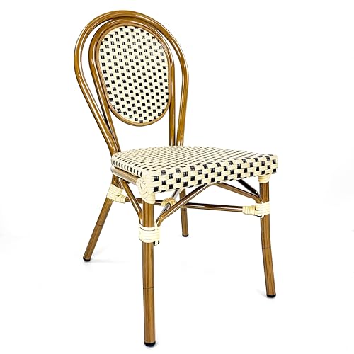 BrackenStyle Paris Bistro Stackable Side Chair - Outdoor Patio Garden Dining Chair Aluminium Frame PE Rattan Weave (Cream/Brown)
