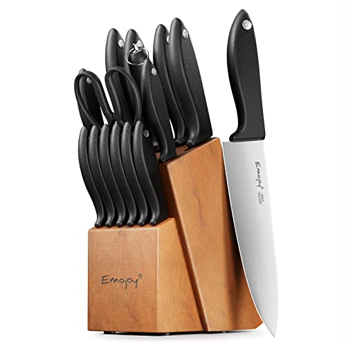 Knife Set 15-Piece Kitchen Knife Set With Sharpener Wooden Block And Serrated Steak Knives,Emojoy Germany High Carbon Stainless Steel Knife Block Set,Black #TOP1