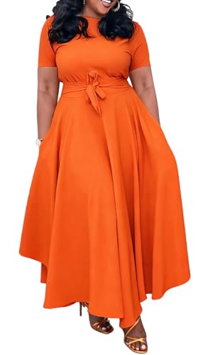 Image of BFFBABY Plus Size Dress A Line Dresses for Women Summer Long Dresses with Sleeve Casual Belted
