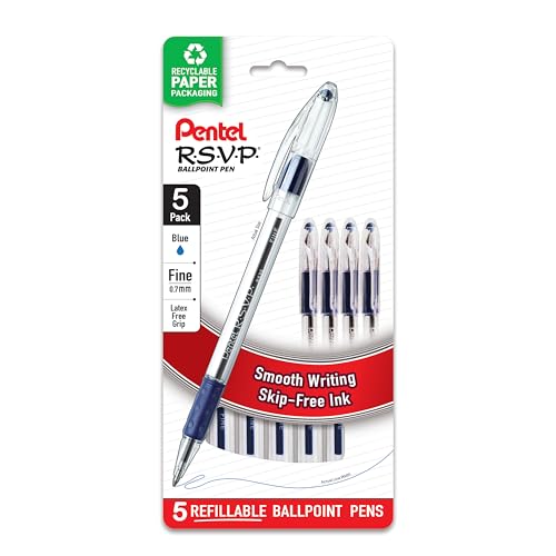 Pentel RSVP Ballpoint Pen, Fine Line, (0.7mm), Blue Ink (BK90BP5C) (Pack of 1, 5 Count Total)