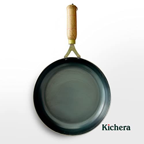 Image of Kichera Iron Fry Pan with Wooden Handle 24cm /10 inch, 1.5Ltr, 1kg | Gas Stove and Induction Friendly | Pre-Seasoned Black Flat Sheet Metal Iron Traditional Frying Pan