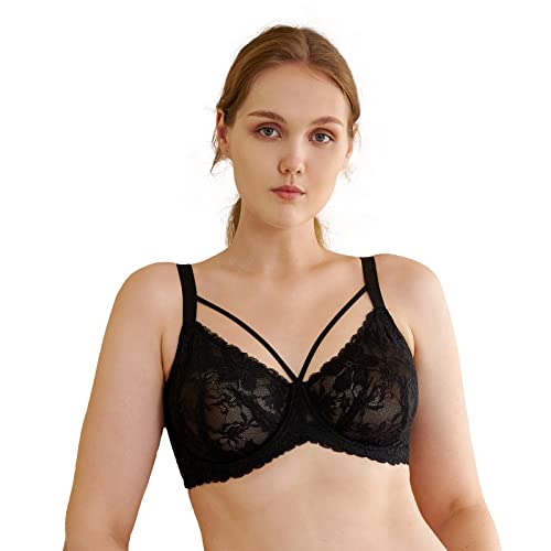 HSIA Women's Underwire Minimizer Bra Unlined Full Bust Bra Non-Padded Plus Size Bra Sexy lace Sheer Bandage Bra 34DD Black