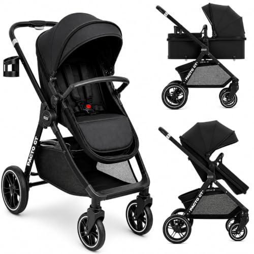 DrBash 2-in-1 Baby Stroller, Convertible Reversible Seat, Compact Fold, All-Terrain Wheels, Large Canopy, Newborn to Toddler Portable Baby Stroller with Storage Basket & Accessories (DARK GREY)