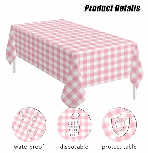 Image of SietDESEO 6 Pack Light Pink Gingham Tablecloth Rectangle 54 x 108 Pink and White Checkered Table Cloth Disposable Plaid Table Cover Plastic for Birthday Baby Shower Picnic Wedding Party Supplies