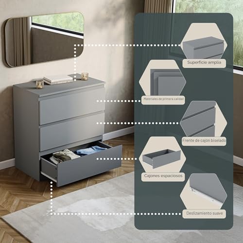 Cajonera Denver gris con 3 cajones perfecta para ordenar tu ropa en el dormitorio 6