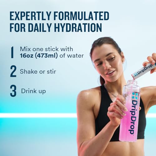 Image of DripDrop Zero Sugar Plus - Sugar Free Hydration Packets - Single Serve Electrolytes Powder Drink Mix - Strawberry Kiwi, Peach, Cherry Limeade, Wild Berry - Non-GMO, Vegan - 16 Sticks