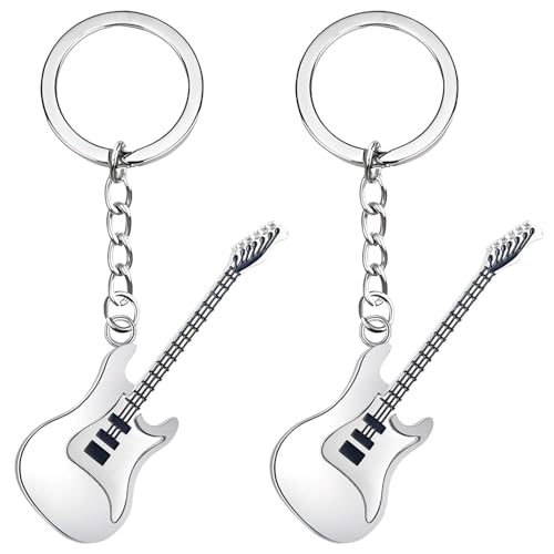 Liitata 2 Pcs Porte-clés Guitare Instrument de musique Porte-clés pendentif Guitare en acier inoxydable pour ami Famille Anniversaire
