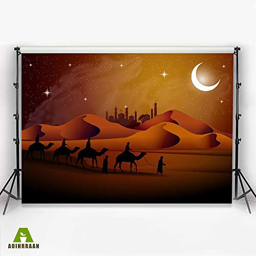 Aoihrraan 3,5x2,5m Desert Night Backdrop Cartoon Sand Dunes Starry Sky Moon Temple Silhouette Arabian Camel Team Scene Photography Background Religion Culture Party Photo Studio Prop Vinyl Wallpaper - Image 3