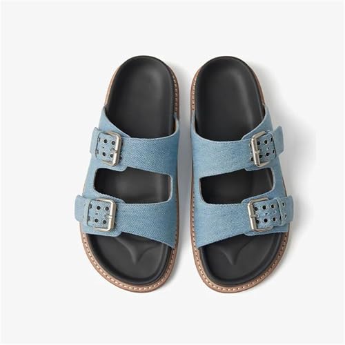 Women's Denim Buckle Strap Slippers - Metal Decor Summer Beach Casual Flats2