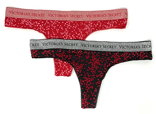 Victoria's Secret Logo Cotton Thong Panty, Black/Red Hearts, Medium #TOP7