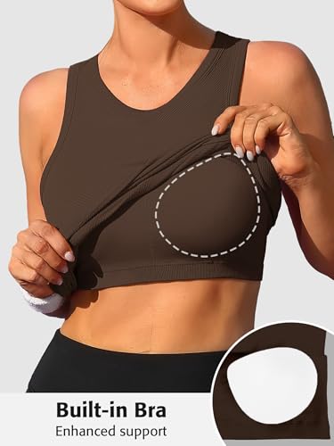 Image of ATTRACO Ribflex Workout Tank Tops for Women Seamless Full Length Gym Tops Athletic Yoga Top Built in Bra