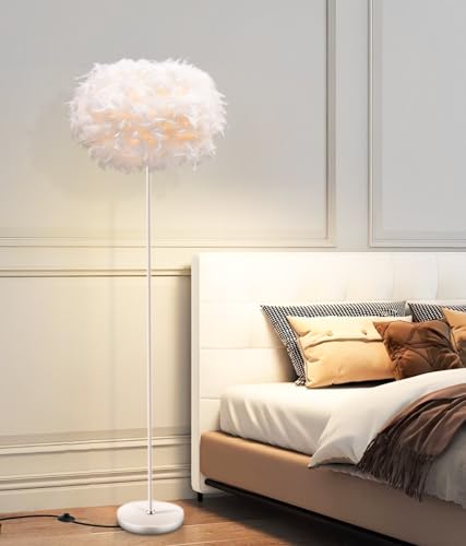 Lampadaire sur Pied Salon en Plume,Lampe sur Pied Blanc d'éclairage de Salon,150CM Maison Décoration LED Lampadaires avec Interrupteur à Pédale pour...