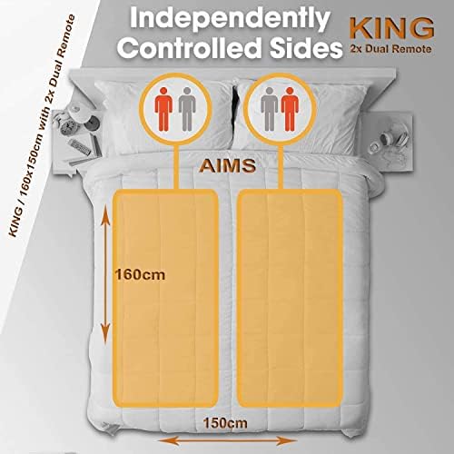 AIMS Electric Blanket KING Heated Under Bed Comfort Detachable DUAL Controller with 3 Heat Settings, Polyester, White Super Cosy Washable Fleece Heated Blanket Throws Pad, Coverlet, mantle