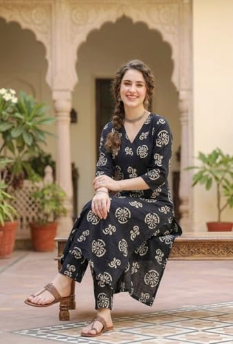 Image of Women's Cotton A-Line Kurta Pant Set | Printed Ethnic Co-Ord Set for Office Wear & Festive Look | Comfortable Breathable Fabric Kurti Pant for Women