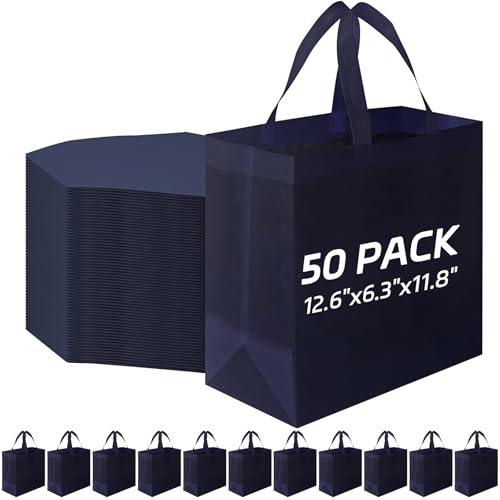 Xaztr Lot de 50 sacs fourre-tout réutilisables en vrac, 32 x 30 x 16 cm, sacs fourre-tout non tissés pliables en tissu avec poignées, Bleu, Large