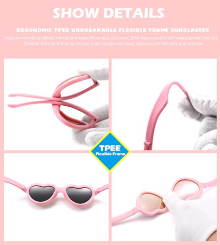 Image of Flexible Heart Shaped Baby Polarized Sunglasses with Strap Adjustable Toddler & Infant Age 0-24 Months