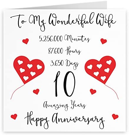 Hunts England Romantic Wife 10th Wedding Anniversary Card - To My Wonderful Wife - 10 Amazing Years - Timeless Collection - Standard - 148 x 148 mm