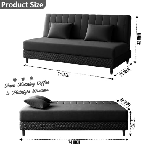 Image of Rosebell Modern 3 Seater Velvet Sofa Cum Bed with Cushion | Premium Upholstered Fabric | Tufted Backrest | Wooden Legs | Living Room Furniture | Black