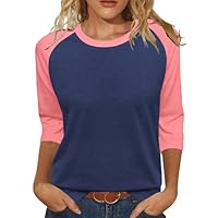 Heymiss Beach Vacation Clothes for Women 3/4 Sleeve Shirts Loose Casual Blouses Tunic Tshirts Trendy Navy Pink